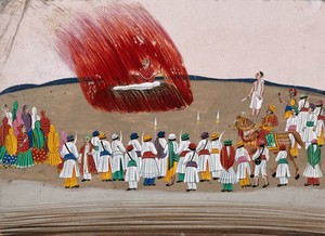 view Sati (suttee): a woman immolating herself on her husband's funeral pyre. Gouache painting on mica by an Indian artist.