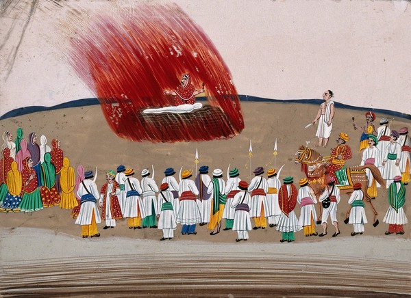 Sati (suttee): a woman immolating herself on her husband's funeral pyre. Gouache painting on mica by an Indian artist.