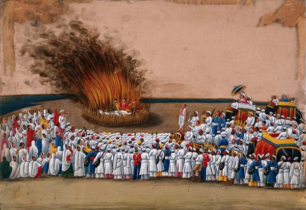 Sati (suttee): a widow immolating herself on her husband's funeral pyre as a large crowd watches. Gouache painting on mica by an Indian artist.