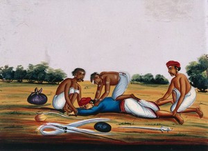 view Three men accosting a man, who is pinned to the ground. Gouache painting on mica by an Indian artist.