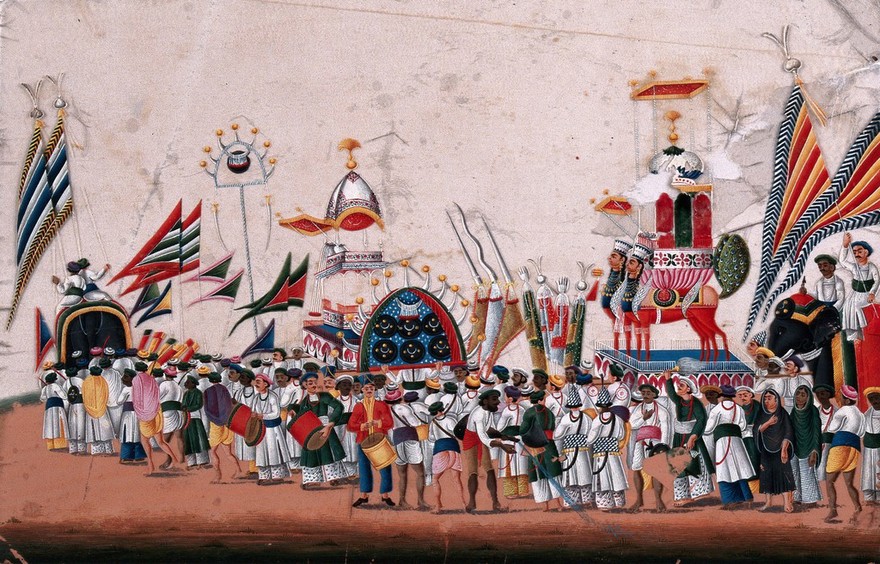 Festival of Muḥarram: a procession of people carrying colourful pennants and replicas of the martyr's tomb. Gouache painting on mica by an Indian artist.