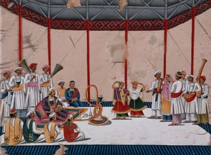 view A high ranking man smoking a hookah pipe and watching the musicians and dancing girls. Gouache painting on mica by an Indian artist.