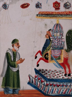 view Festival of Muḥarram: a man praying to a replica of a martyr's tomb. Gouache painting on mica by an Indian artist.