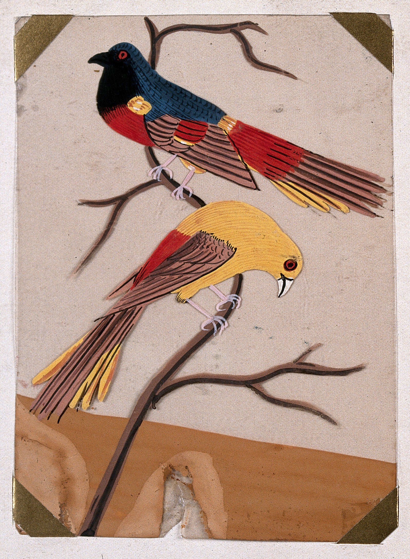 A Pair Of Birds Perched On A Branch Gouache Painting On Mica By