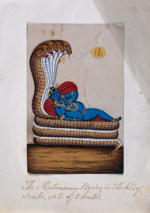 view Krishna lying on the coils of a five headed snake, supported by some cushions. Gouache painting on mica by an Indian artist.