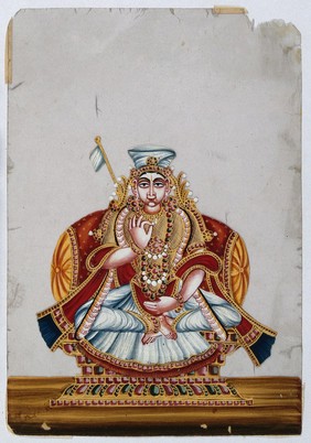 A South Indian goddess, Sri Lakshmi (?). Gouache painting on mica by an Indian artist.