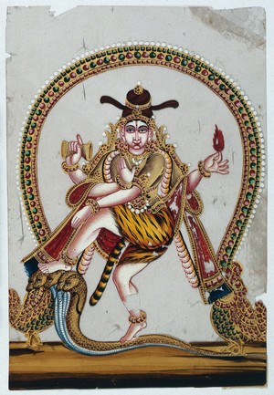 view Four armed Shiva dancing on a snake, around a ring of flames. Gouache painting on mica by an Indian artist.