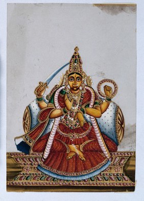 A four armed Indian goddess with her lower right hand raised in a abhaya mudra, upper right holding a sword and her upper left arm holding a chakra. Gouache painting on mica by an Indian artist.