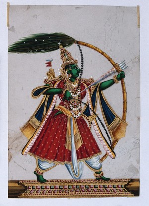 view Manmatha (Kamadeva), Hindu god of love, shooting arrows with his bow. Gouache painting by an Indian artist.