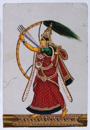 view Rati, Hindu goddess of love, shooting arrows with her bow. Gouache painting an Indian artist.