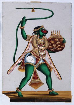 Hanuman, the monkey god carrying a mountain (?). Gouache painting on mica by an Indian artist.