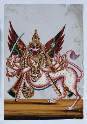 view Sharabha, with eight arms and the body of a winged lion. Gouache painting by an Indian artist.