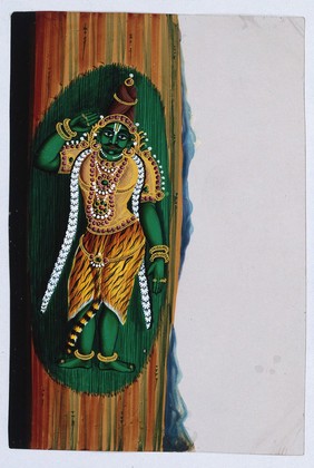 An Indian god(?) lying horizontally with the 'V' mark of Vishnu smeared on his forehead. Gouache painting on mica by an Indian artist.