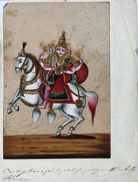 Khandobā, riding on a white horse, holding the trident and his consort, Mhalsa. Gouache painting by an Indian artist.