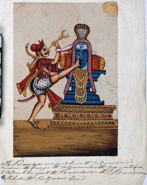 view A man trying to blind himself in front of a linga, but is stopped by Lord Shiva. Gouache painting on mica by an Indian artist.