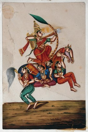 Rati, Hindu goddess of love, shooting arrows with a bow while seated on a horse formed from five women. Gouache painting by an Indian artist.