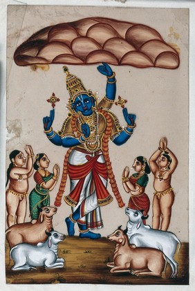 Krishna lifting Mount Govardhan to protect the village. Gouache painting on mica by an Indian artist.