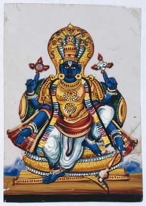 view Vishnu: a major Hindu deity, the preserver of the universe, with four arms, holding a conch, mace and discus. Gouache painting on mica by an Indian artist.