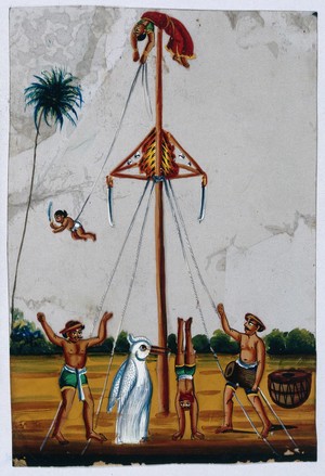 view Acrobats: a woman lying on top of a pole holding on to a boy tied to one end of a rope, while someone in a penguin costume watches a man do a headstand. Gouache painting on mica by an Indian artist.