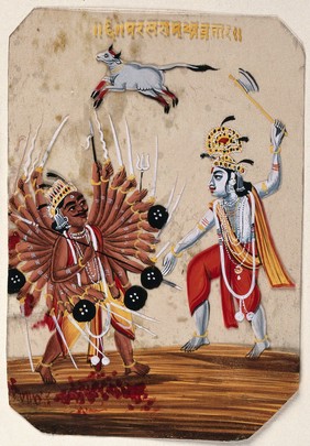 Lord Vishnu in his incarnation as Parshuram to destroy the evil kings. Gouache painting on mica by an Indian artist.