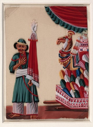 Festival of Muḥarram: a man carrying a pennant with the hand of Fatima at the top (?). Gouache painting on mica by an Indian artist.
