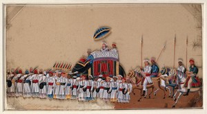 view A high ranking man sitting under a parasol on an elephant, preceded by a group of soldiers on foot and followed by four soldiers on horseback. Gouache painting on mica by an Indian artist.