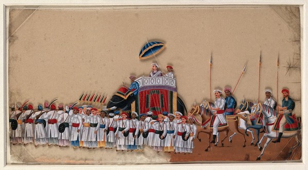 A high ranking man sitting under a parasol on an elephant, preceded by a group of soldiers on foot and followed by four soldiers on horseback. Gouache painting on mica by an Indian artist.