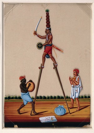 view Street performers: an acrobat on stilts while the other two provide background music for the act. Gouache painting on mica by an Indian artist.