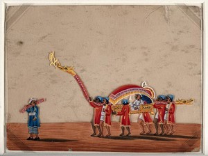 view A man sitting in a covered palkhi with dragons on either ends, carried by four men on their shoulders. Gouache painting on mica by an Indian artist.