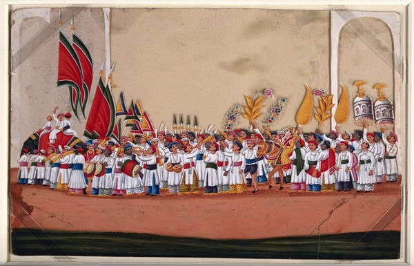 A bridegroom (?) sitting on a horse in the middle of a procession with people carrying pennants and musical instruments. Gouache painting on mica by an Indian artist.