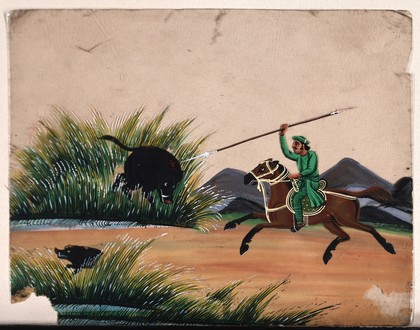 A man on horseback running a spear into a wild boar. Gouache painting on mica by an Indian artist.