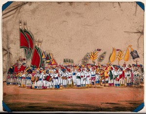 view A wedding procession: the bridegroom sits on a horse surrounded by a large crowd carrying decorations and pennants, accompanied by a band of musicians. Gouache painting on mica by an Indian artist.