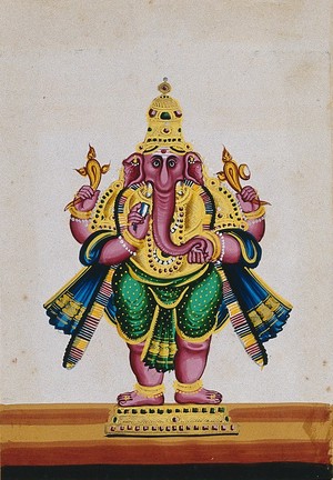 view Ganpati, the destroyer of obstacles. Gouache painting by an Indian artist.