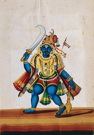 view A blue-skinned swami carrying a sword and a mace. Gouache painting by an Indian artist.