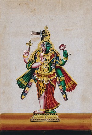 view Ardhanarishwara; a half male-half female form, representing the culmination of Shiva and Parvati. Gouache painting by an Indian artist.