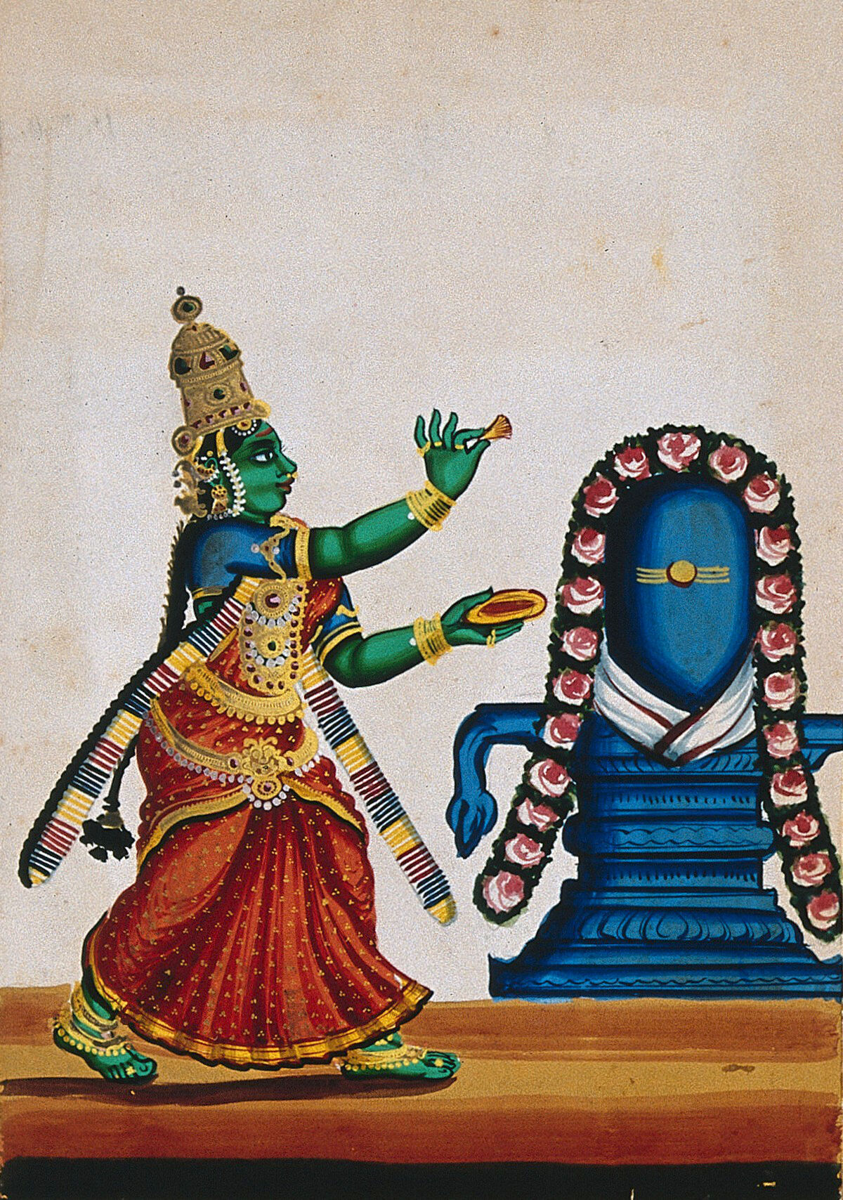 A Woman Praying To A Shiva Lingam Gouache Painting By An Indian