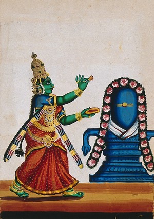 view Parvati and a Shiva lingam. Gouache painting by an Indian artist.