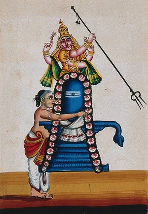 view A priest decorating the Shivalingam which also has a statue of Lord Shiva behind it. Gouache painting by an Indian artist.