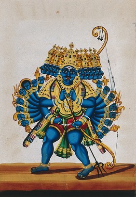 Ravana, the ten headed demon god. Gouache painting by an Indian artist.