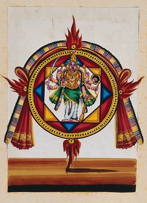 view A chakra with an image of Lord Vishnu in the center. Gouache painting by an Indian artist.