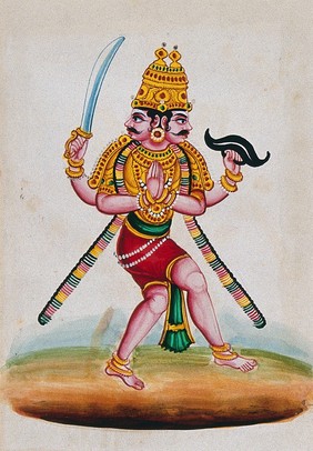 An Indian deity with two heads and four arms, Veerabhadra (?). Gouache painting by an Indian artist.