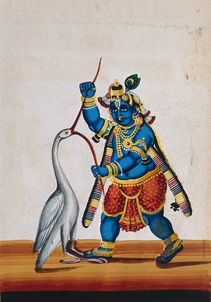 view Krishna piercing open the beak of a large white bird. Gouache painting by an Indian artist.