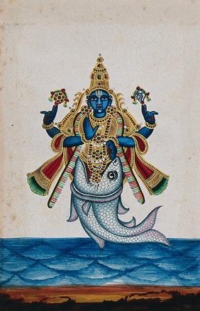 Matsya; Lord Vishnu in his avatar as a fish in order to save the world. Gouache painting by an Indian artist.