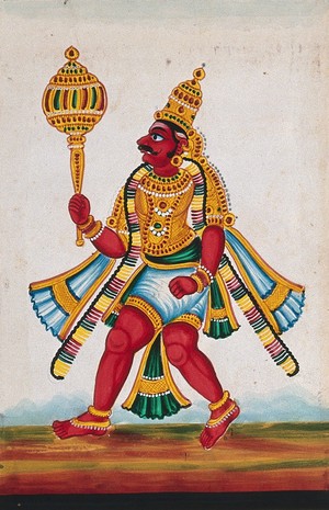 view Bhima, one of the five Pandava brothers in the Indian epic, Mahabharata. Gouache painting by an Indian artist.