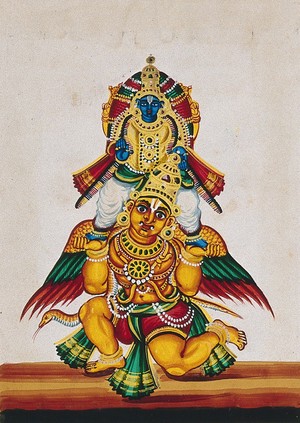 view Lord Vishnu standing on the hands of Garuda, his vehicle. Gouache painting by an Indian artist.