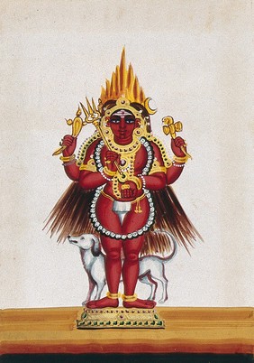 Kala Bhairava wearing a garland of skulls, with his vehicle, the dog behind him. Gouache painting by an Indian artist.