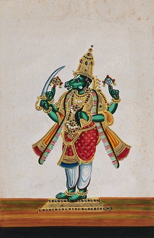 view Lord Vishnu in his avatar as Kalki. Gouache painting by an Indian artist.