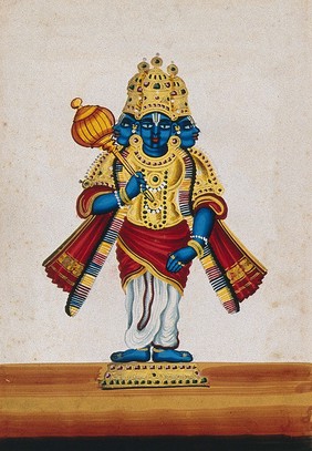 A three-headed, blue-skinned statue of an Indian deity (Vishnu ?), holding a mace. Gouache painting by an Indian artist.