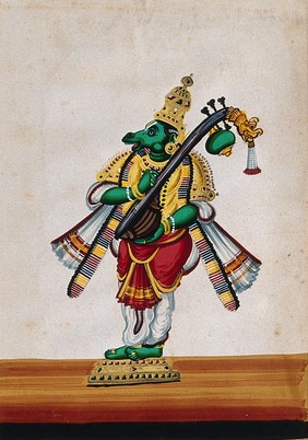 Tumburu, a mythical horse-headed musician playing a musical instrument (the veena). Gouache painting by an Indian artist.