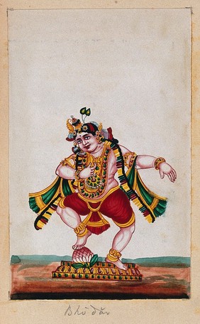 Lord Krishna dancing on a lotus. Gouache painting by an Indian artist.